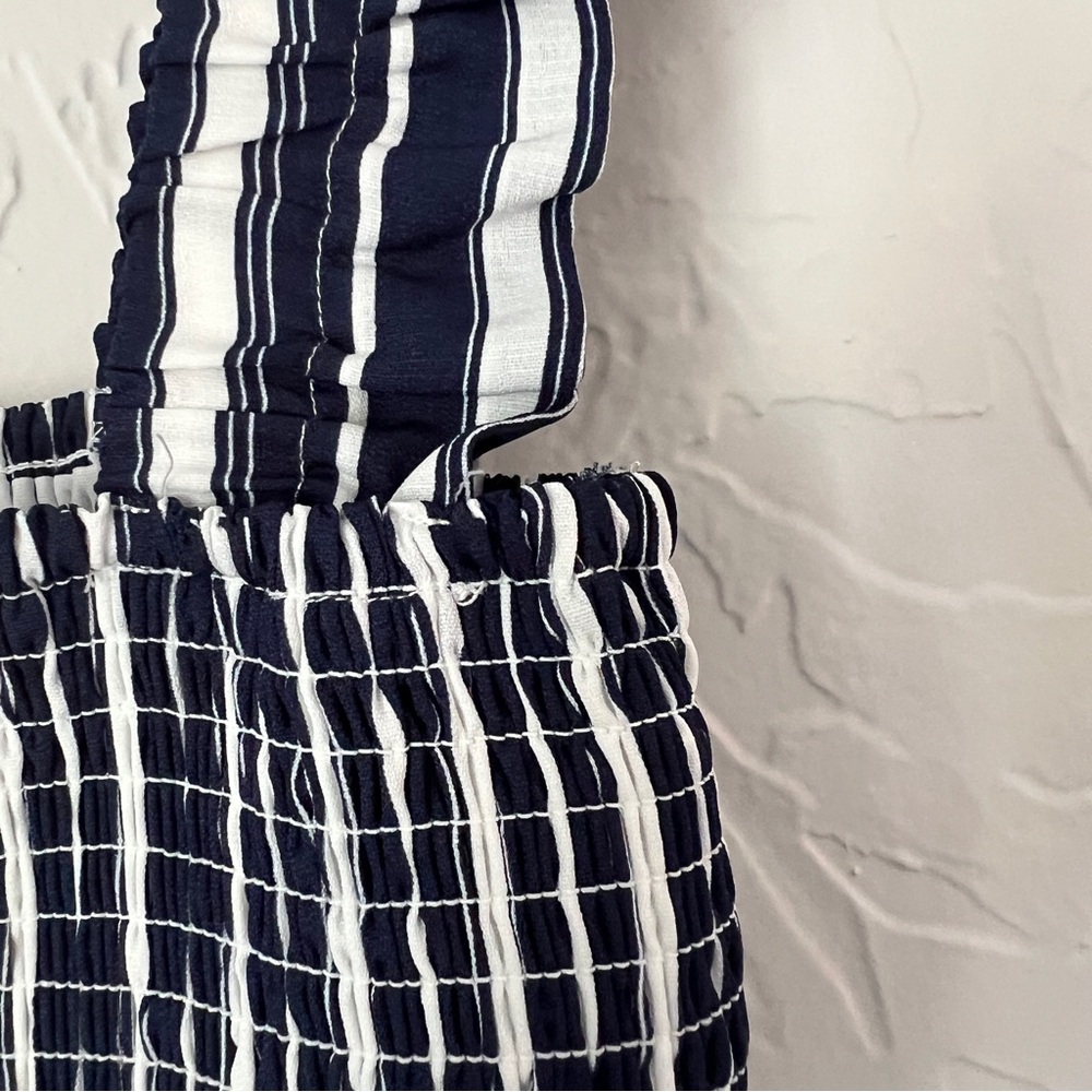 Stripe Smocked Maxi Dress, Size Small. Navy and white striped tiered maxi dress. - Picture 5 of 9